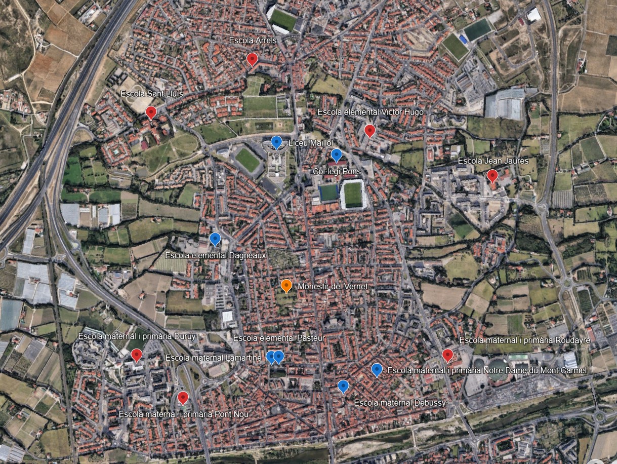 Mapa destabliments escolars del barri del Vernet de Perpinyà